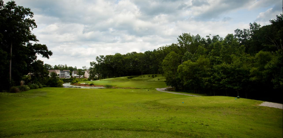 A tree-lined Birkdale fairway leading downhill toward a lake